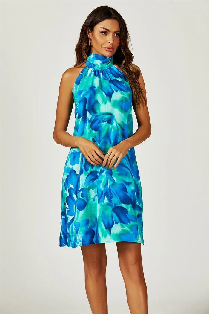 Gabriella Abstract Blue Floral Print Halter Neck Tie Back Mini Dress