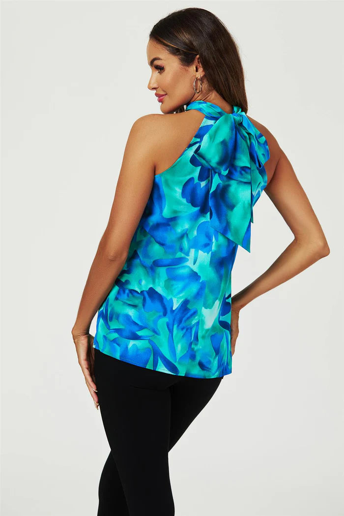 Georgia Blue Abstract Floral Print Halter Neck Tie Back Top