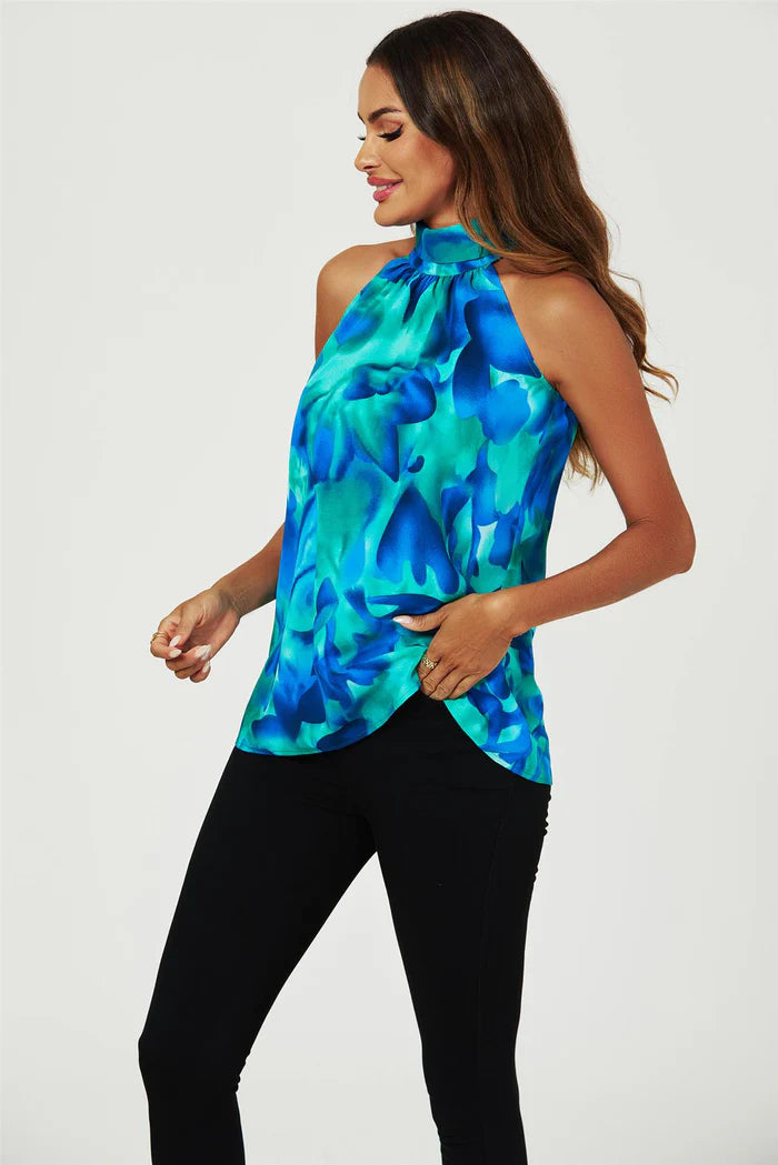 Georgia Blue Abstract Floral Print Halter Neck Tie Back Top