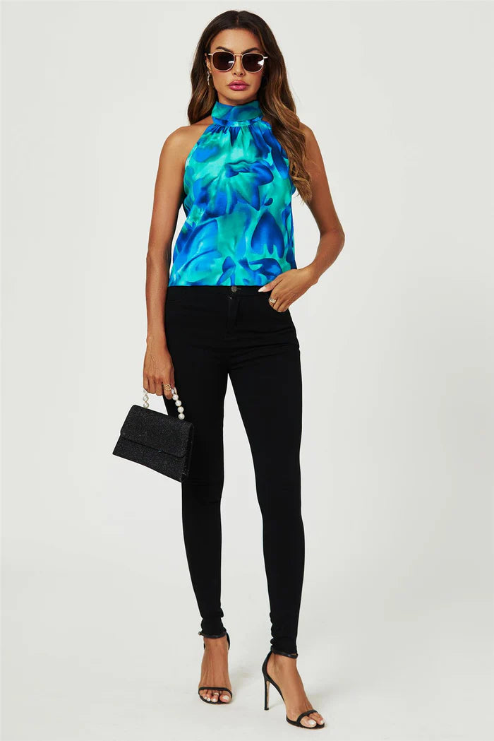 Georgia Blue Abstract Floral Print Halter Neck Tie Back Top