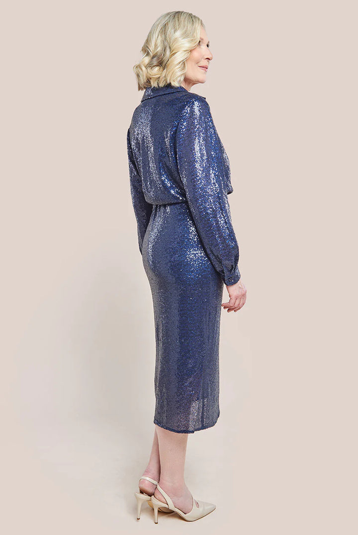 Eloise Navy Sequin Front Split Shirt Dress - BY GODDIVA