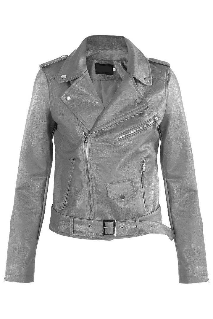 Tori Grey Faux Leather Belted Biker Jacket