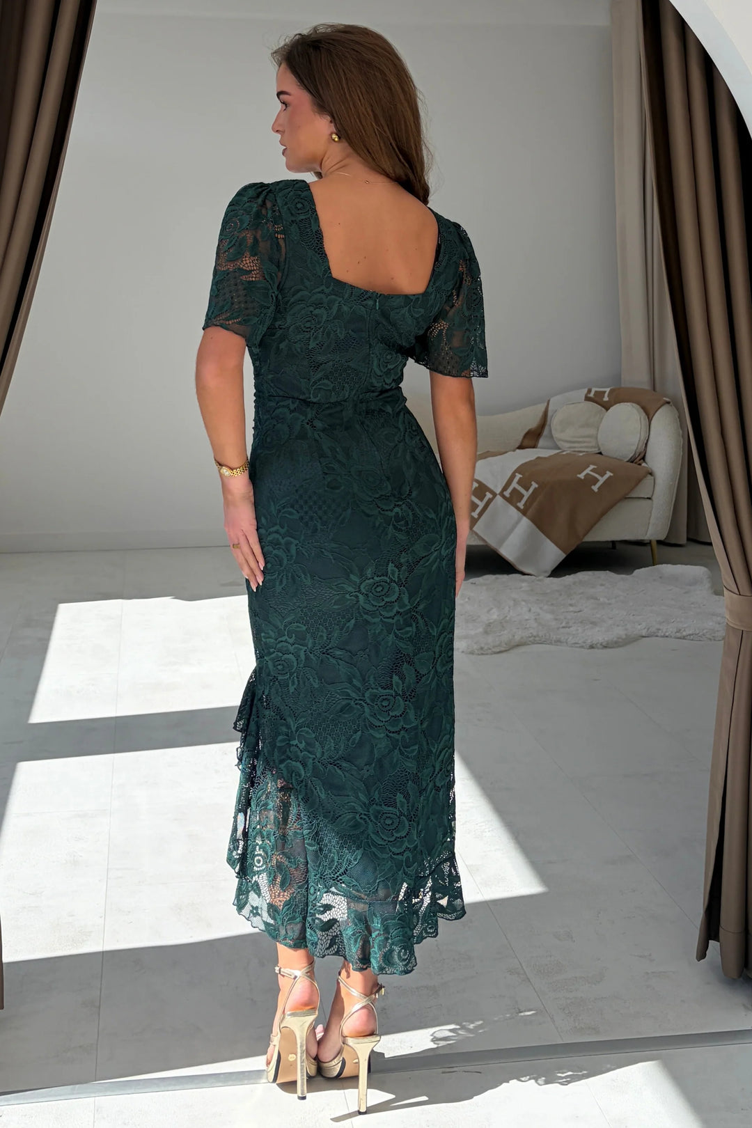 Heidi Green Lace Ruched Short Sleeve Midi Dress