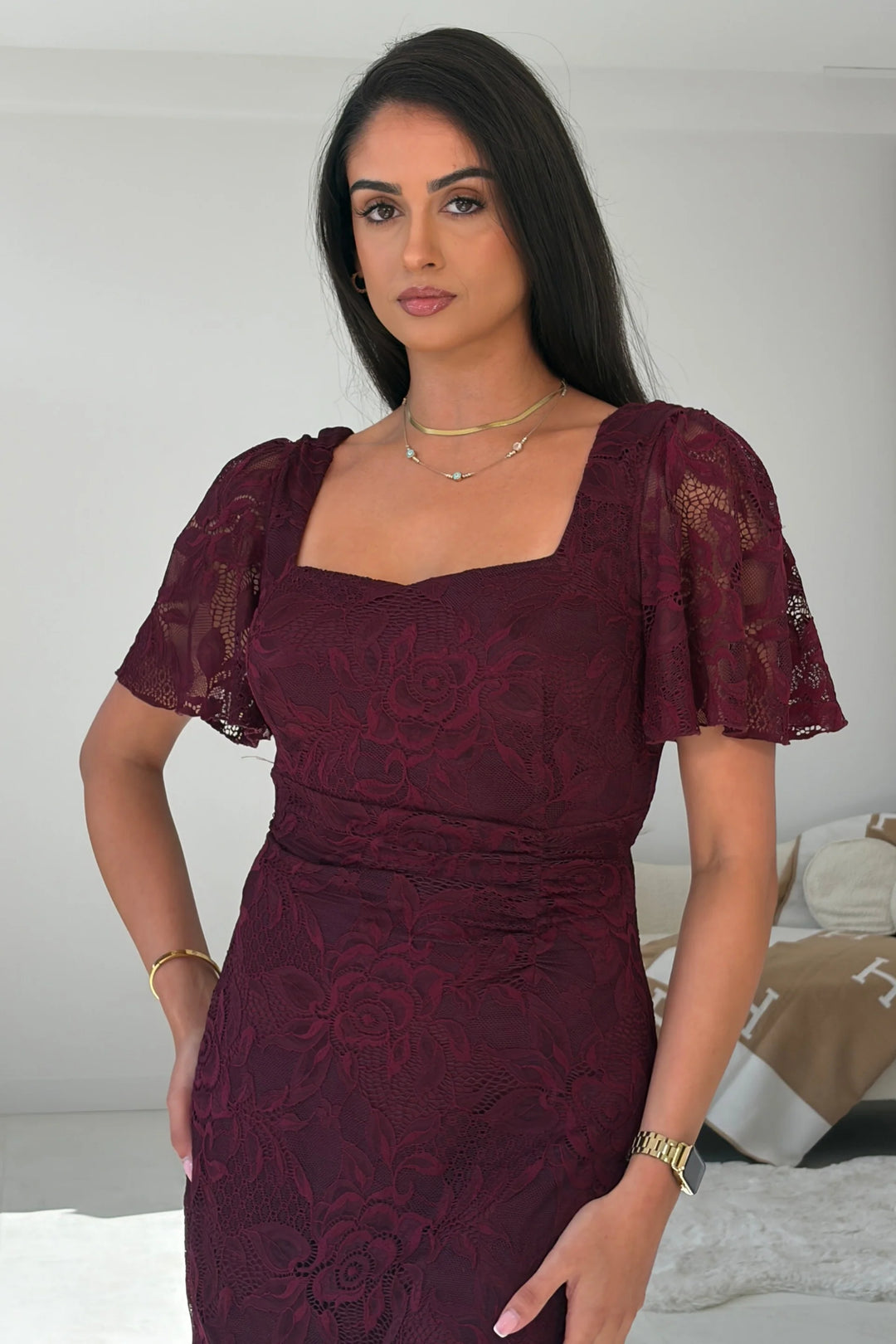 Heidi Berry Lace Ruched Short Sleeve Midi Dress