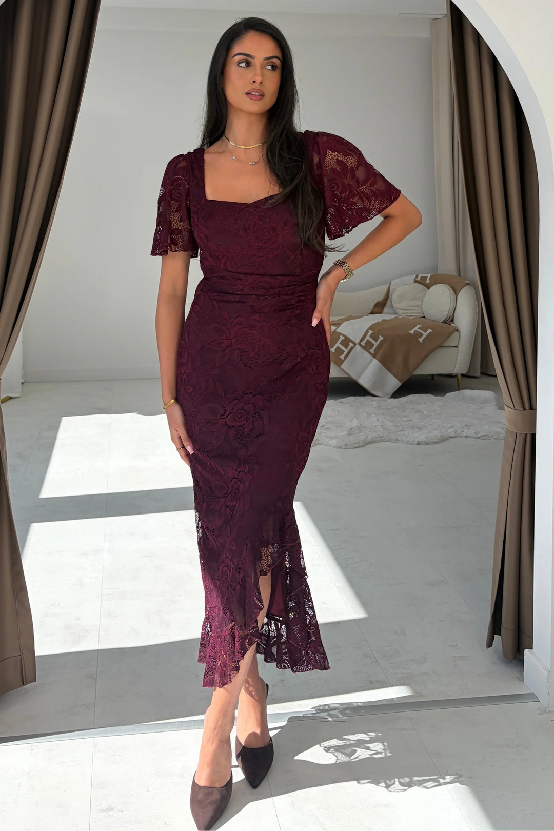 Heidi Berry Lace Ruched Short Sleeve Midi Dress