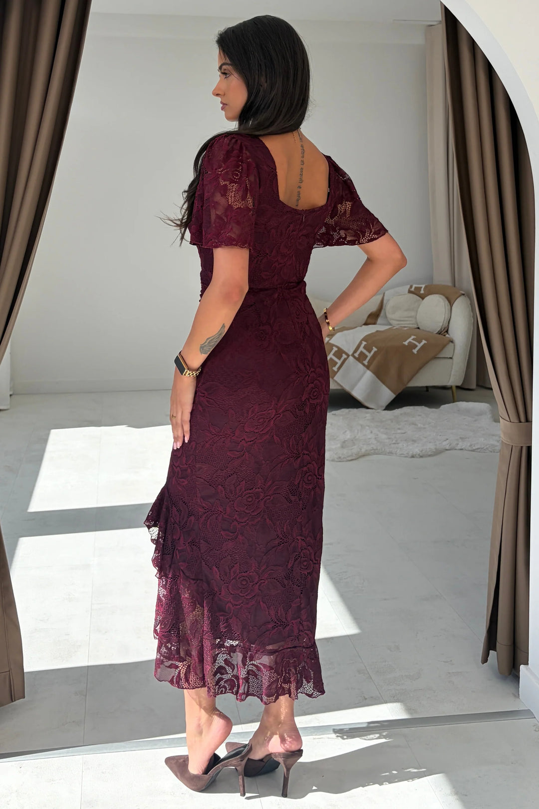 Heidi Berry Lace Ruched Short Sleeve Midi Dress