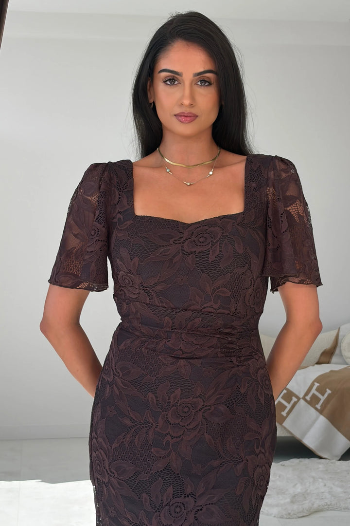 Heidi Brown Lace Ruched Short Sleeve Midi Dress