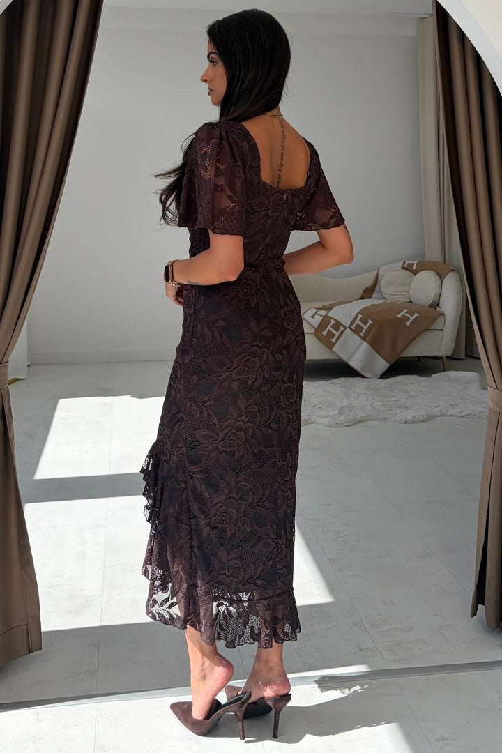 Heidi Brown Lace Ruched Short Sleeve Midi Dress