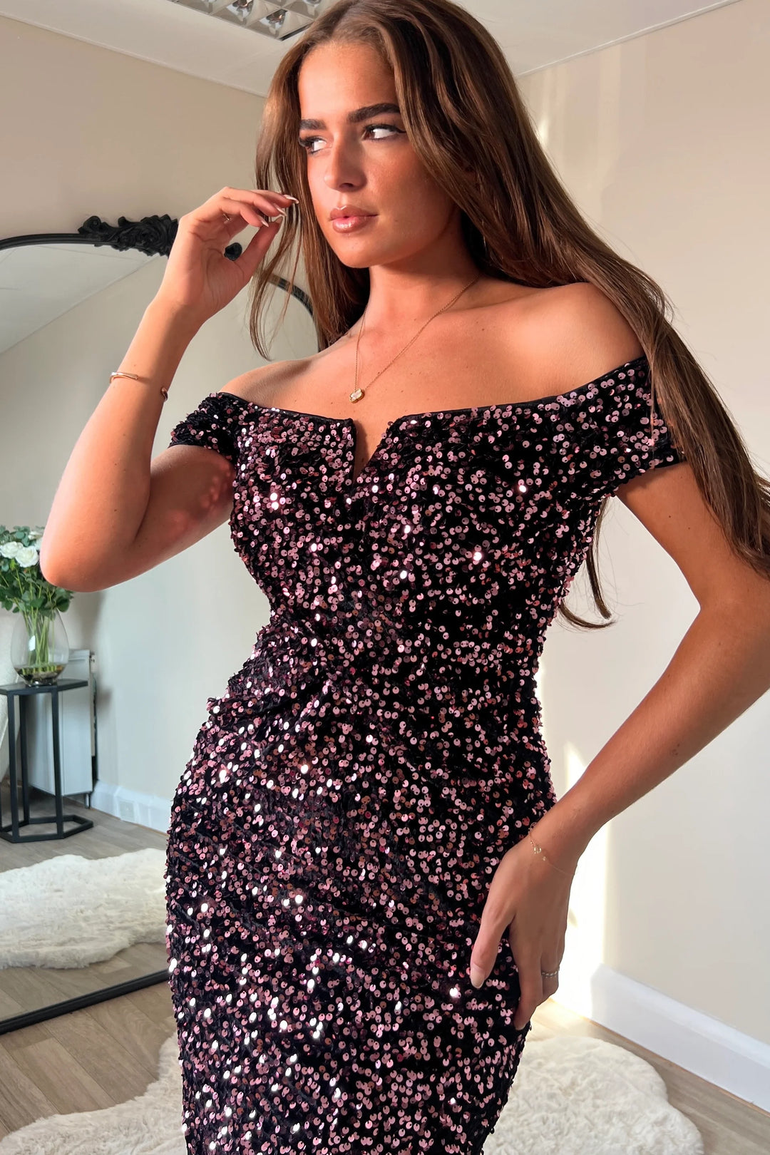 Halo Rose Gold Velvet Sequin Off The Shoulder Midi Dress | LittleMadam Halo Rose Gold Velvet Sequin Off The Shoulder Midi Dress | LittleMadam