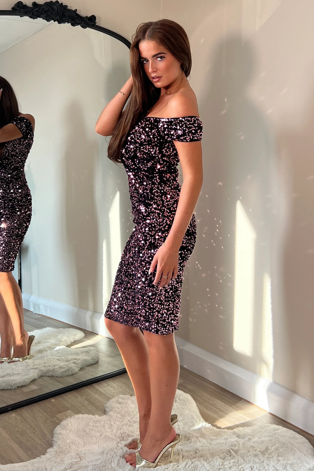 Halo Rose Gold Velvet Sequin Off The Shoulder Midi Dress