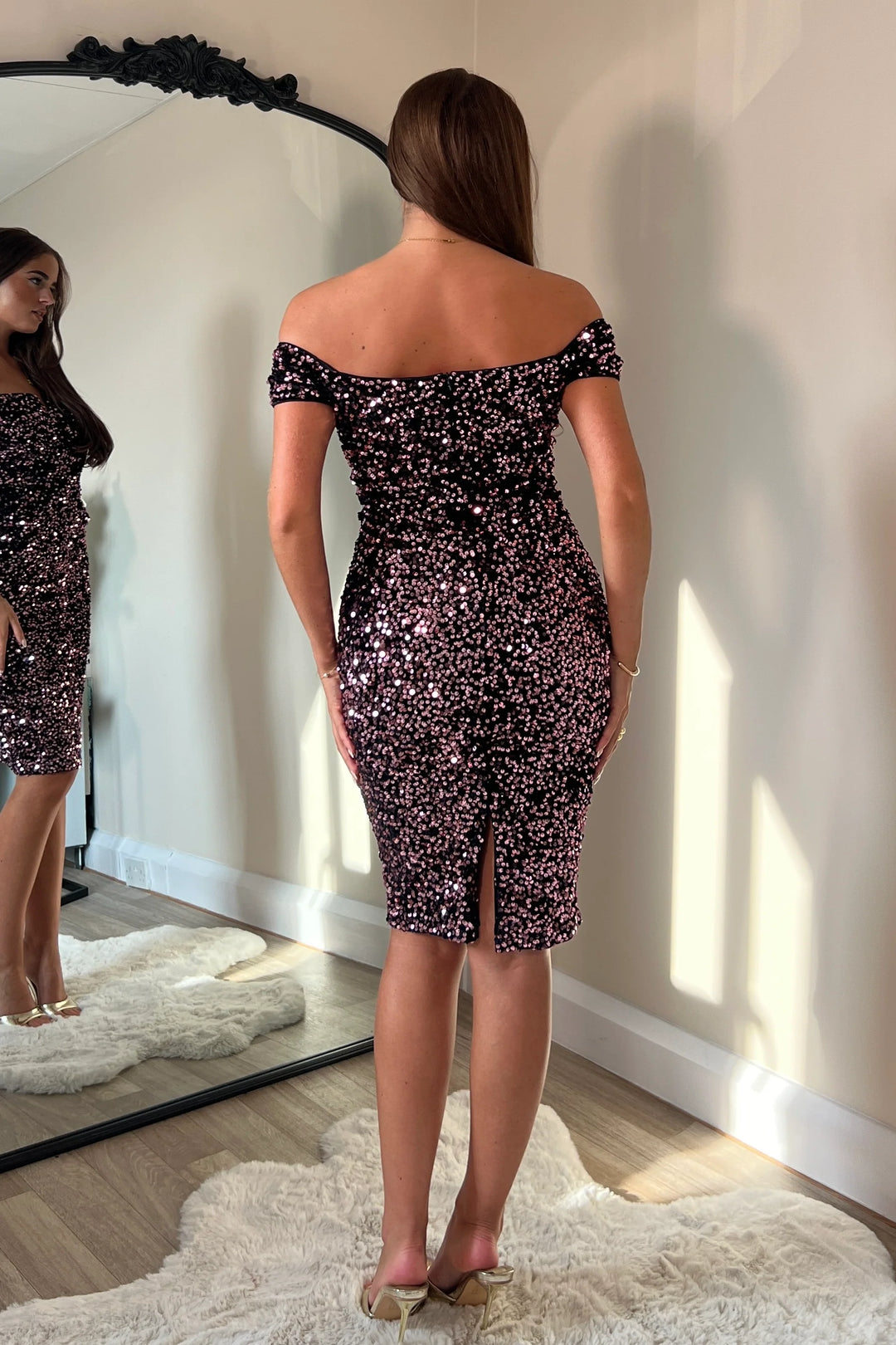 Halo Rose Gold Velvet Sequin Off The Shoulder Midi Dress