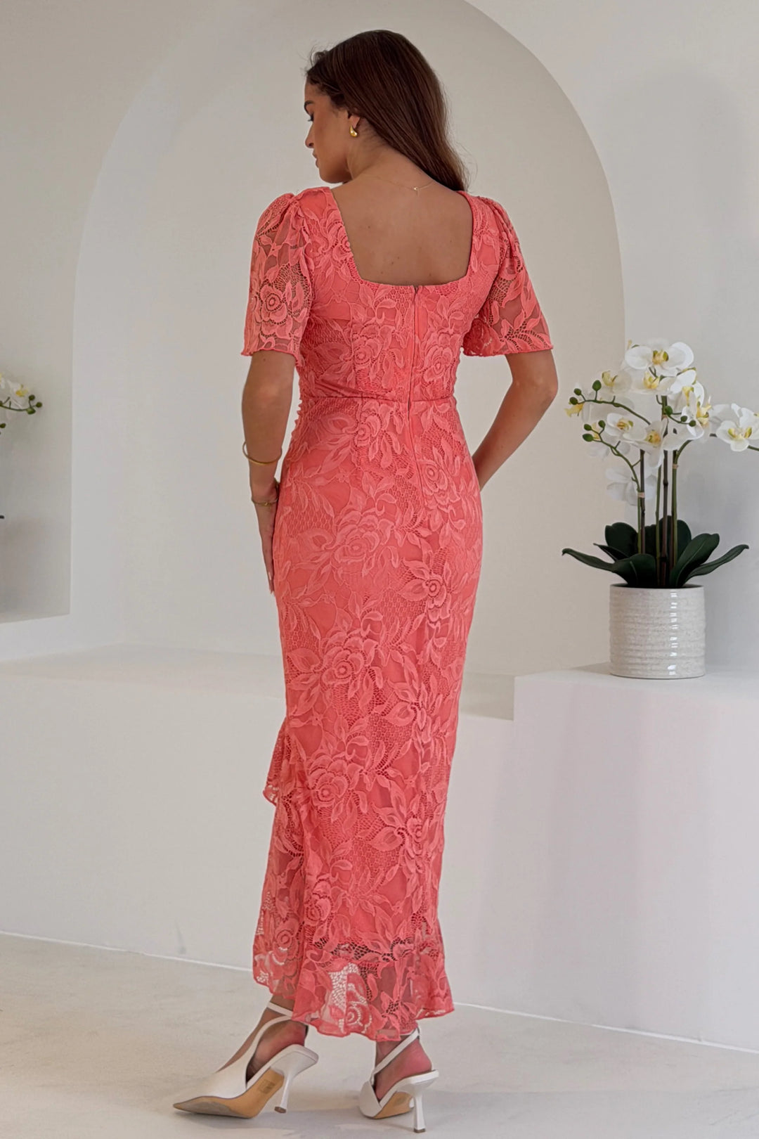 blue dress for baby girl Heidi Coral Lace Ruched Short Sleeve Bodycon Midi Dress