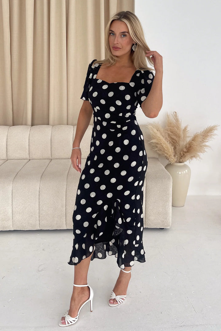 Heidi Black Polka Dot Ruched Short Sleeve Midi Dress