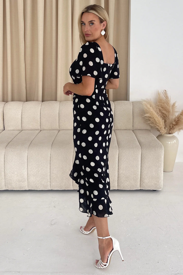 Heidi Black Polka Dot Ruched Short Sleeve Midi Dress