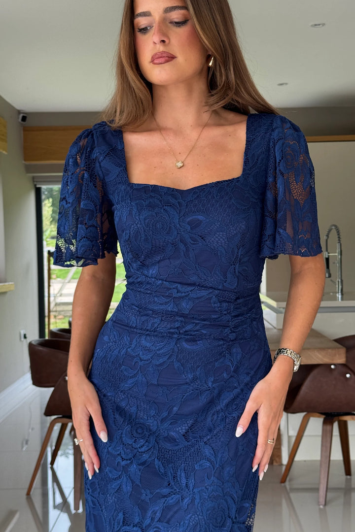 Heidi Navy Lace Ruched Short Sleeve Midi Dress
