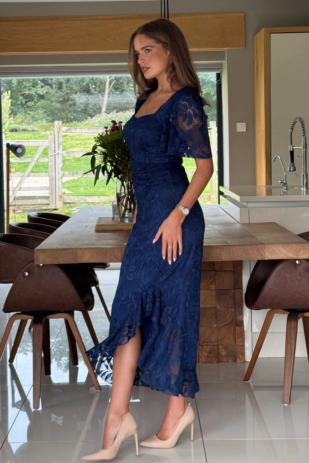 Heidi Navy Lace Ruched Short Sleeve Midi Dress