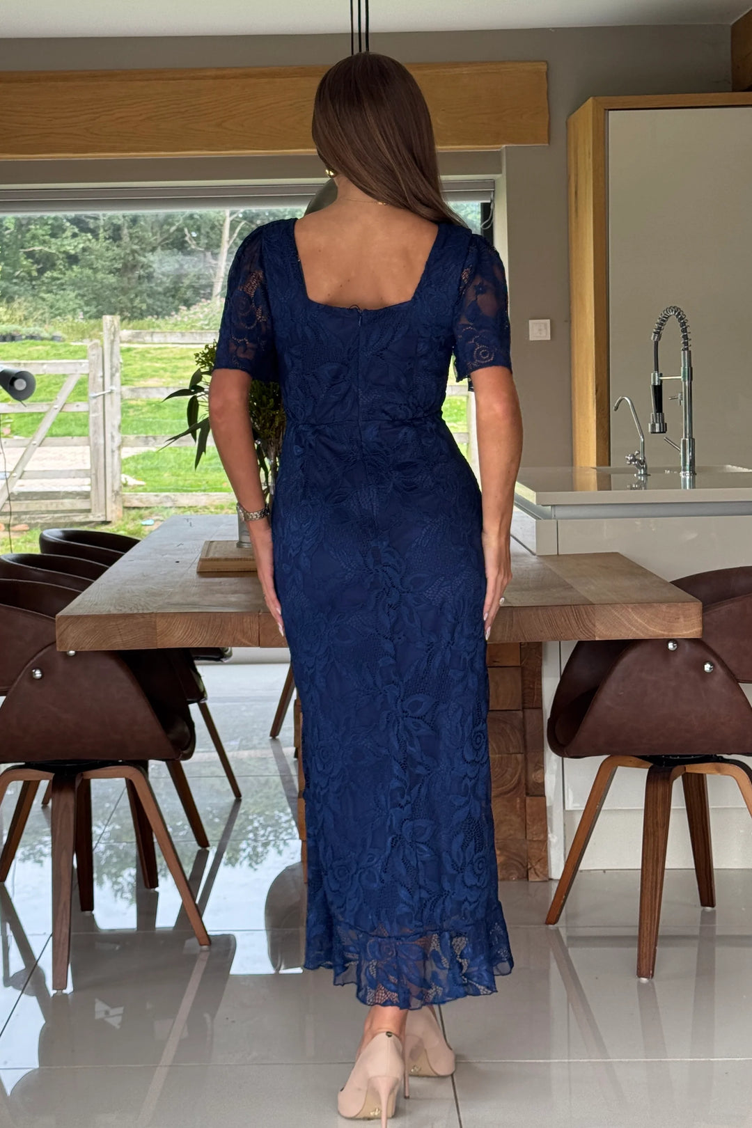 Heidi Navy Lace Ruched Short Sleeve Midi Dress