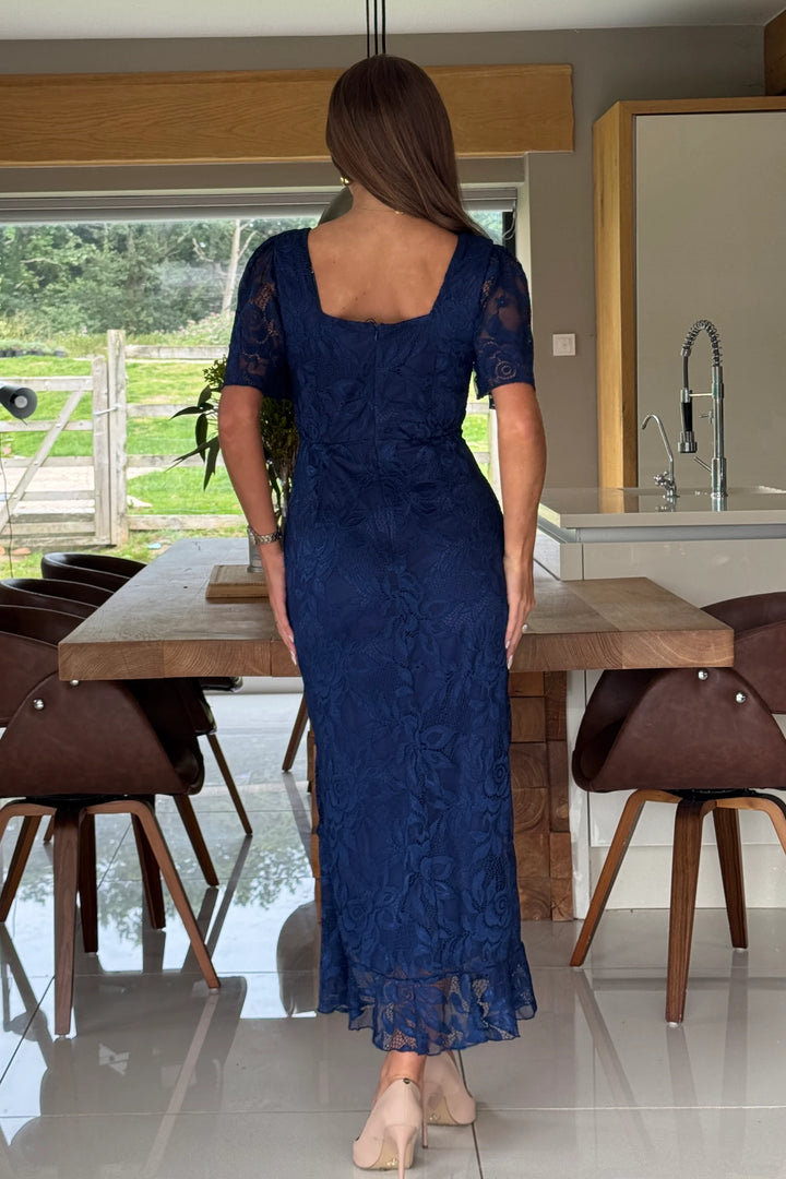 Heidi Navy Lace Ruched Short Sleeve Midi Dress