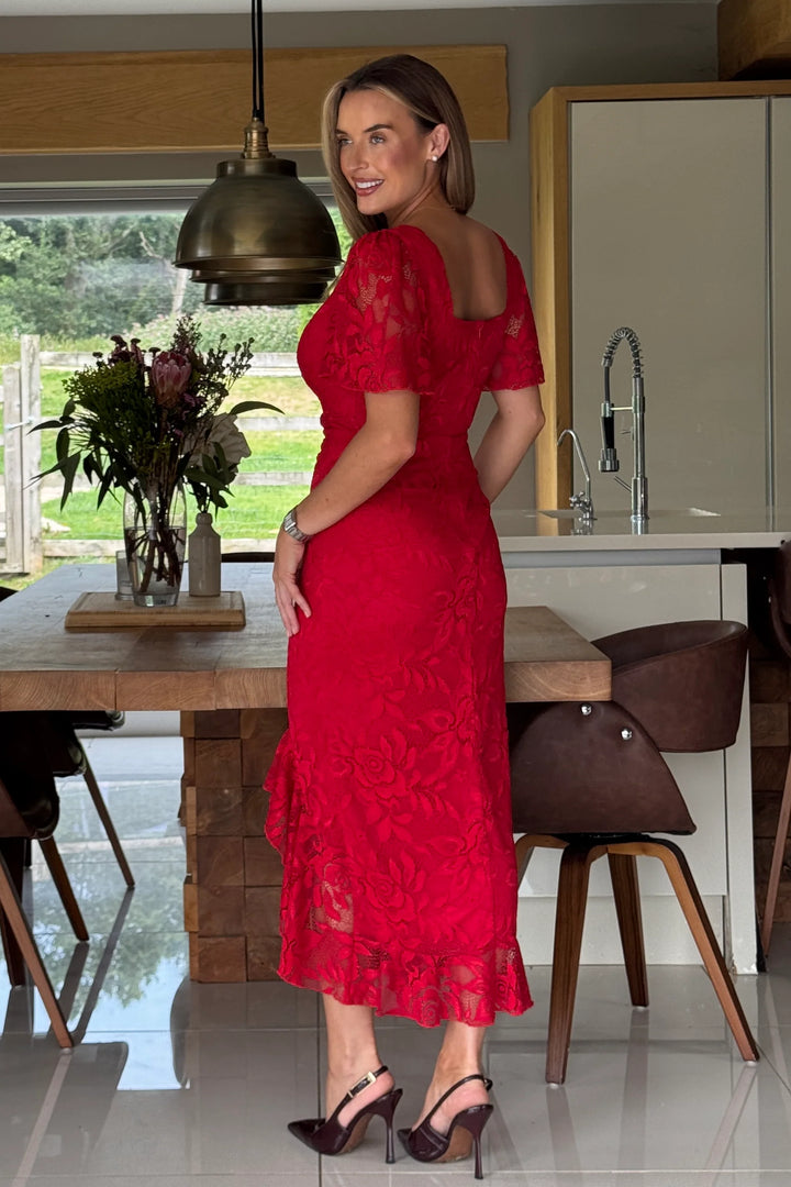 Heidi Red Lace Ruched Short Sleeve Midi Dress