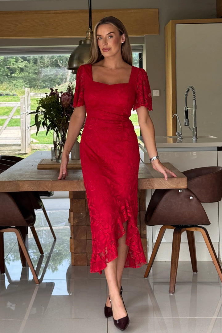 Heidi Red Lace Ruched Short Sleeve Midi Dress