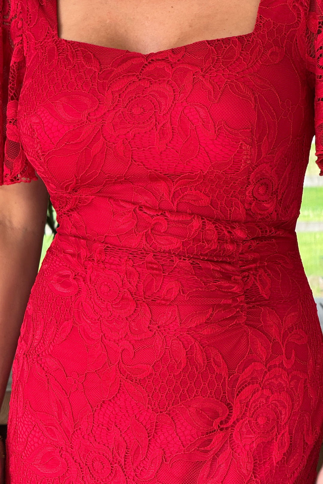 Heidi Red Lace Ruched Short Sleeve Midi Dress