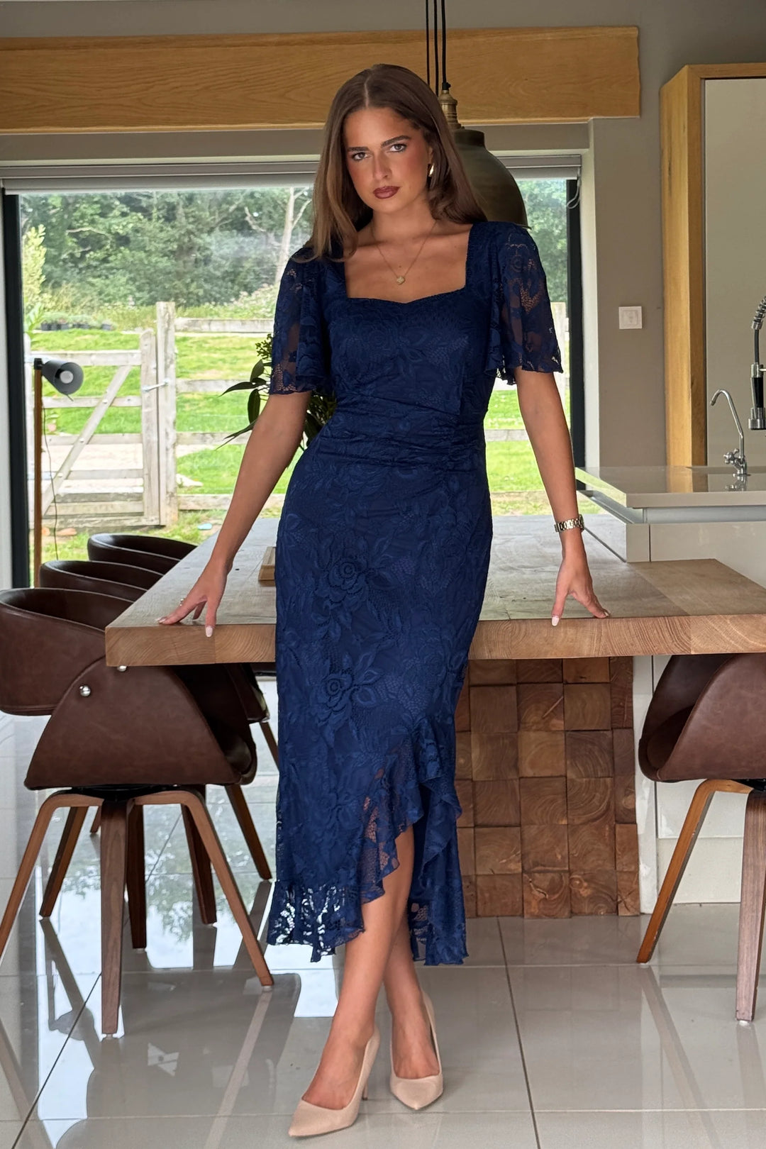 navy midi lace dress Floral Lace Midi Dress with Tailored Collar and Belted Waist - Navy