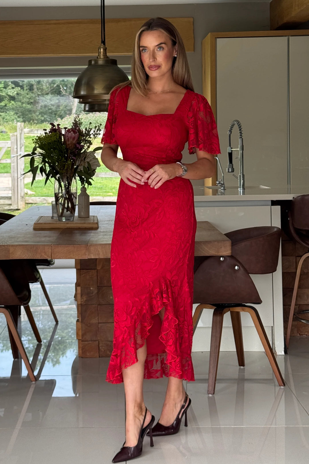 Heidi Red Lace Ruched Short Sleeve Midi Dress | LittleMadam Heidi Red Lace Ruched Short Sleeve Midi Dress | LittleMadam