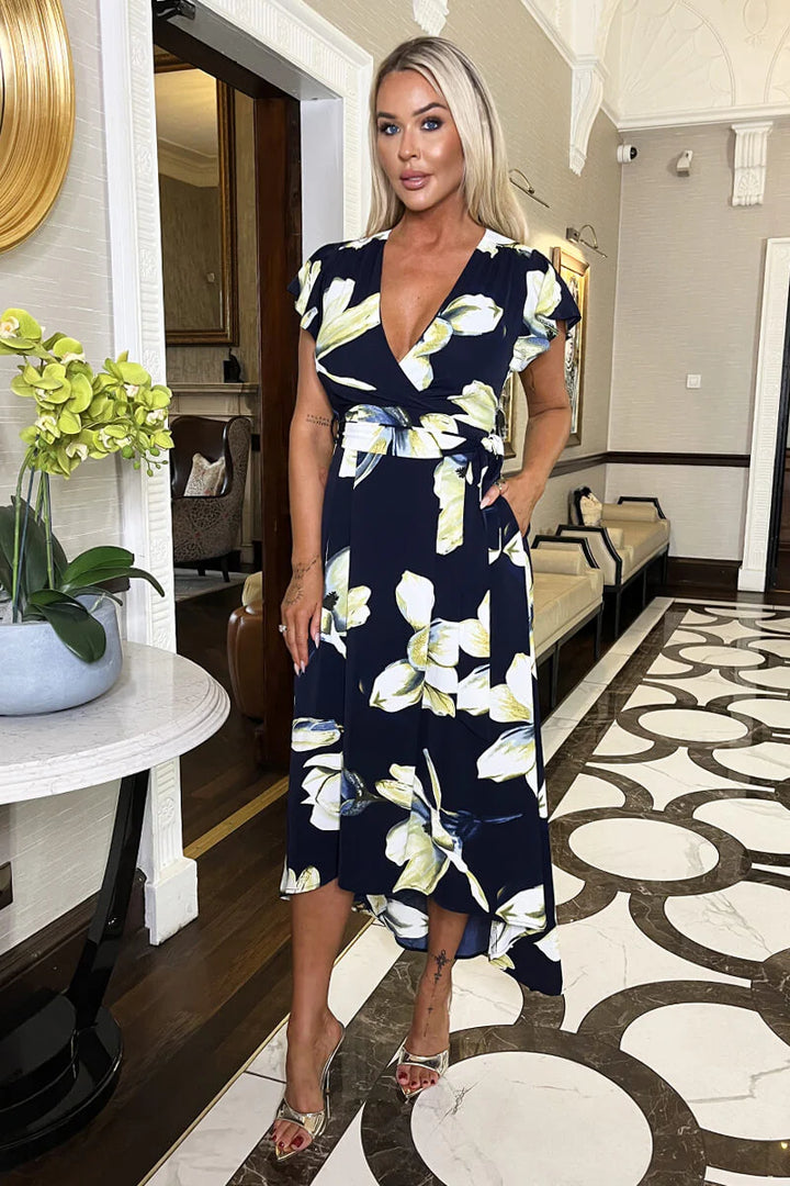 Dionne Navy Floral Print Short Sleeve Belted Wrap Midi Dress