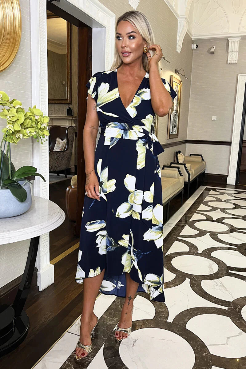 Dionne Navy Floral Print Short Sleeve Belted Wrap Midi Dress