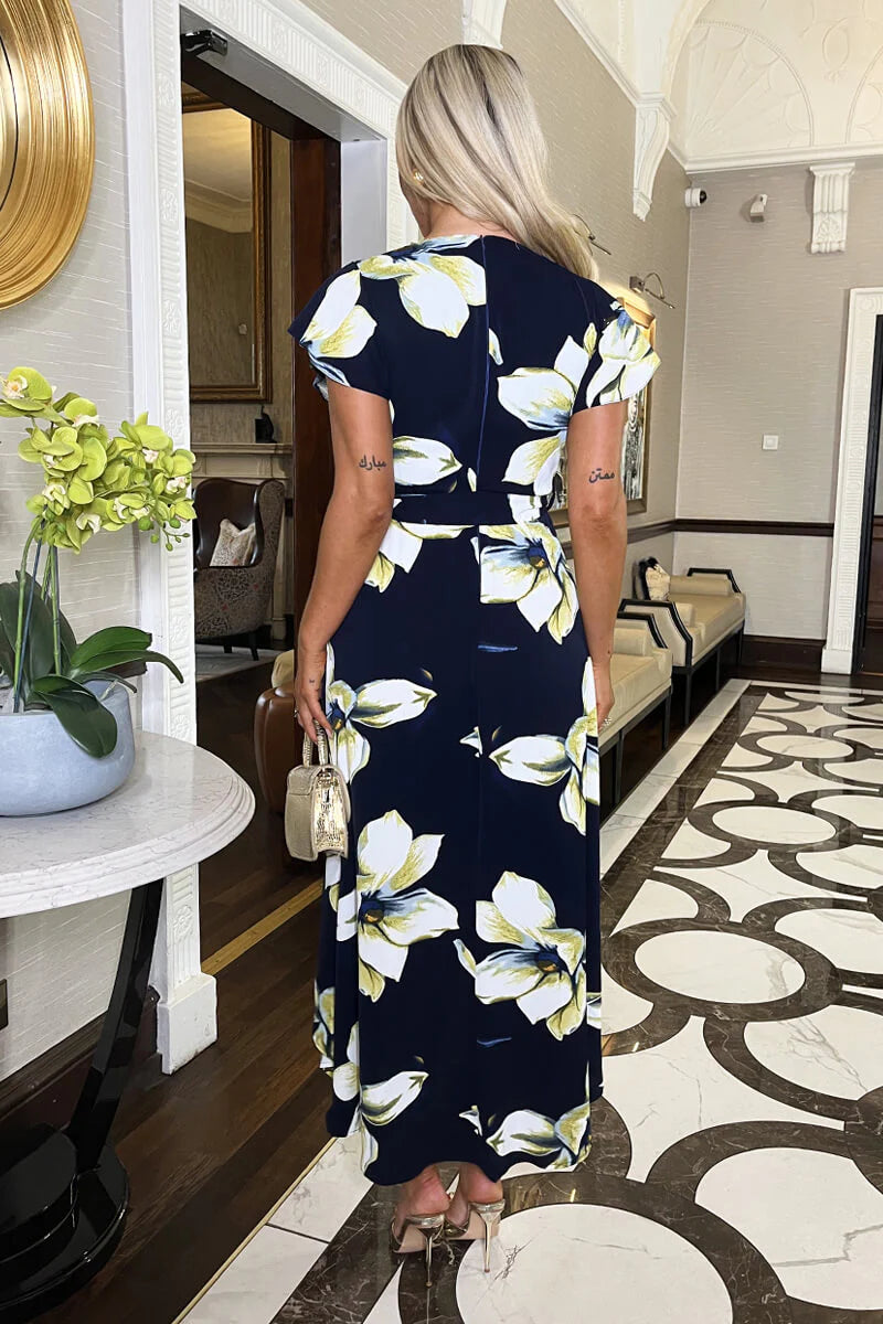 Dionne Navy Floral Print Short Sleeve Belted Wrap Midi Dress