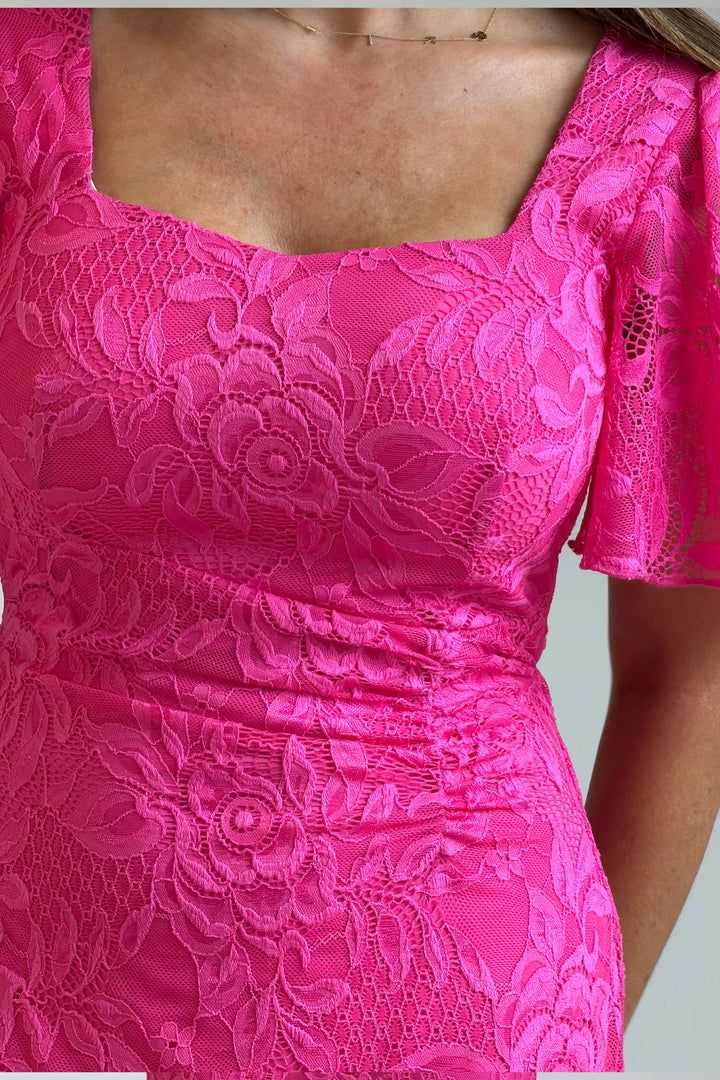 Heidi Hot Pink Lace Ruched Short Sleeve Bodycon Midi Dress