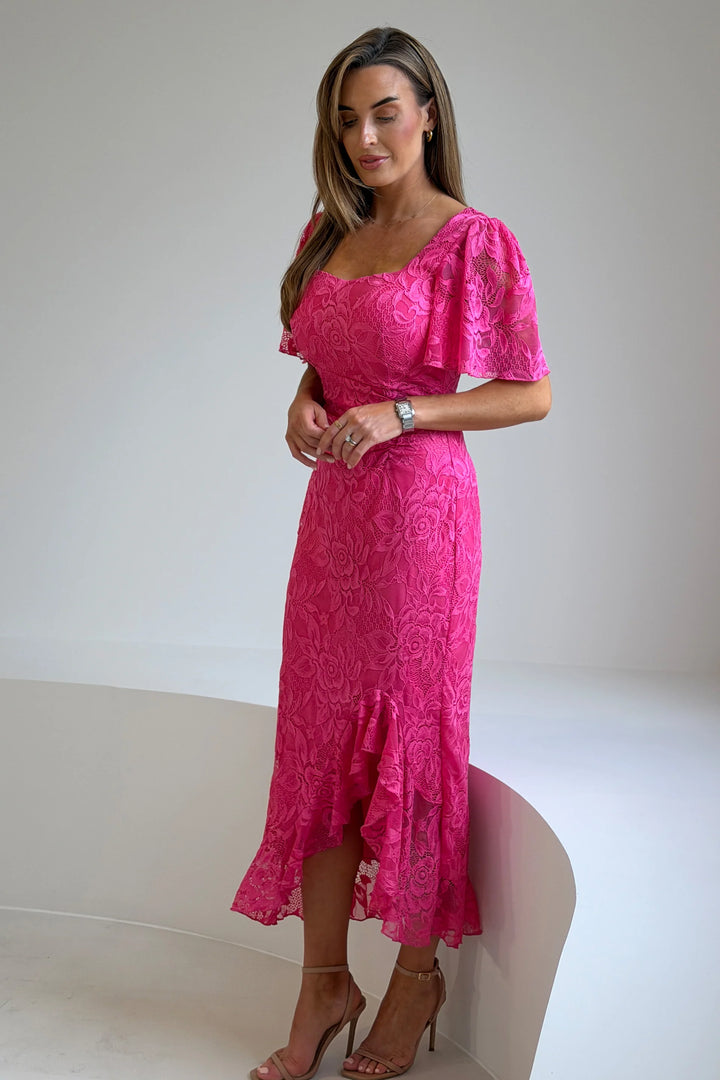 Heidi Hot Pink Lace Ruched Short Sleeve Bodycon Midi Dress