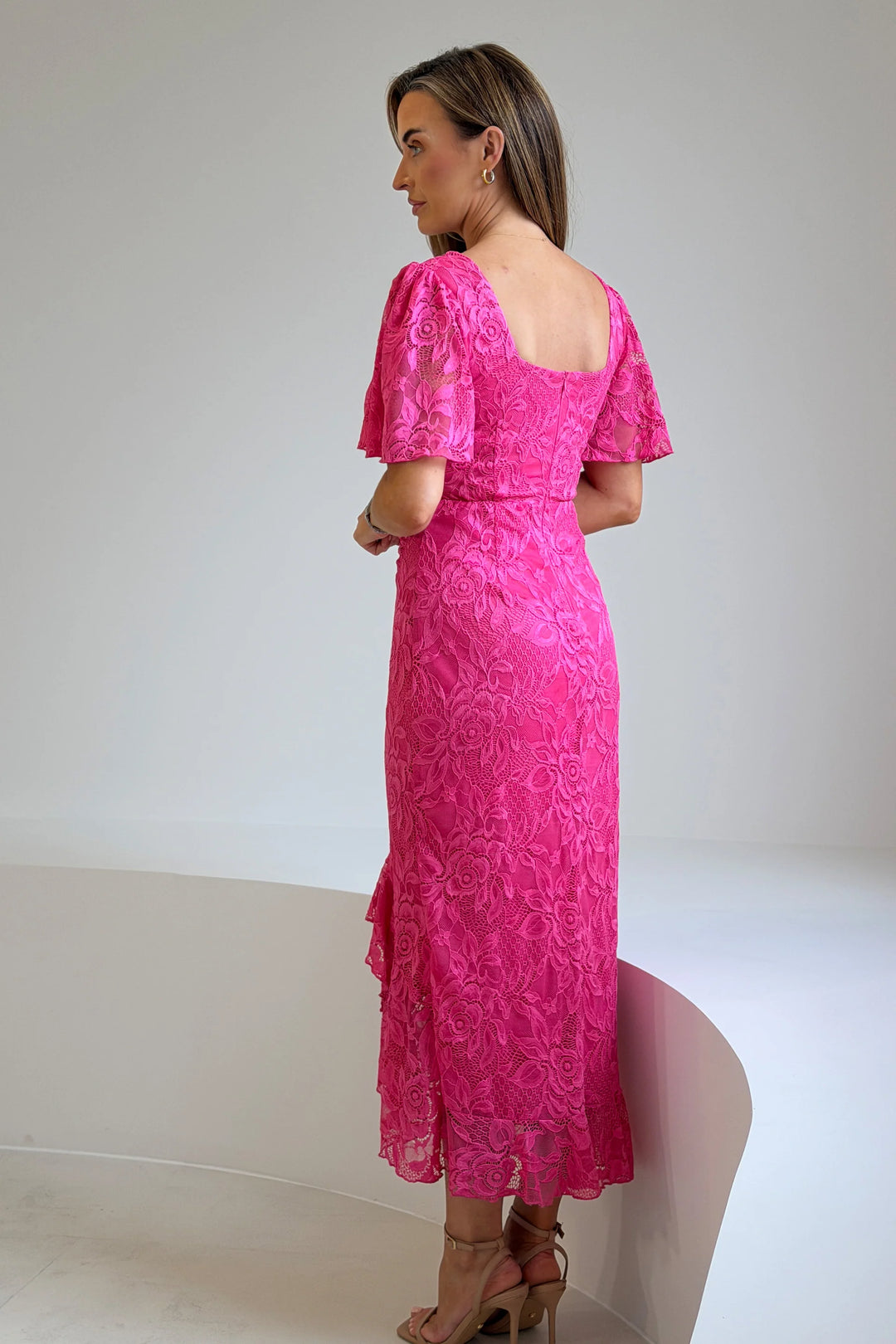 Heidi Hot Pink Lace Ruched Short Sleeve Bodycon Midi Dress