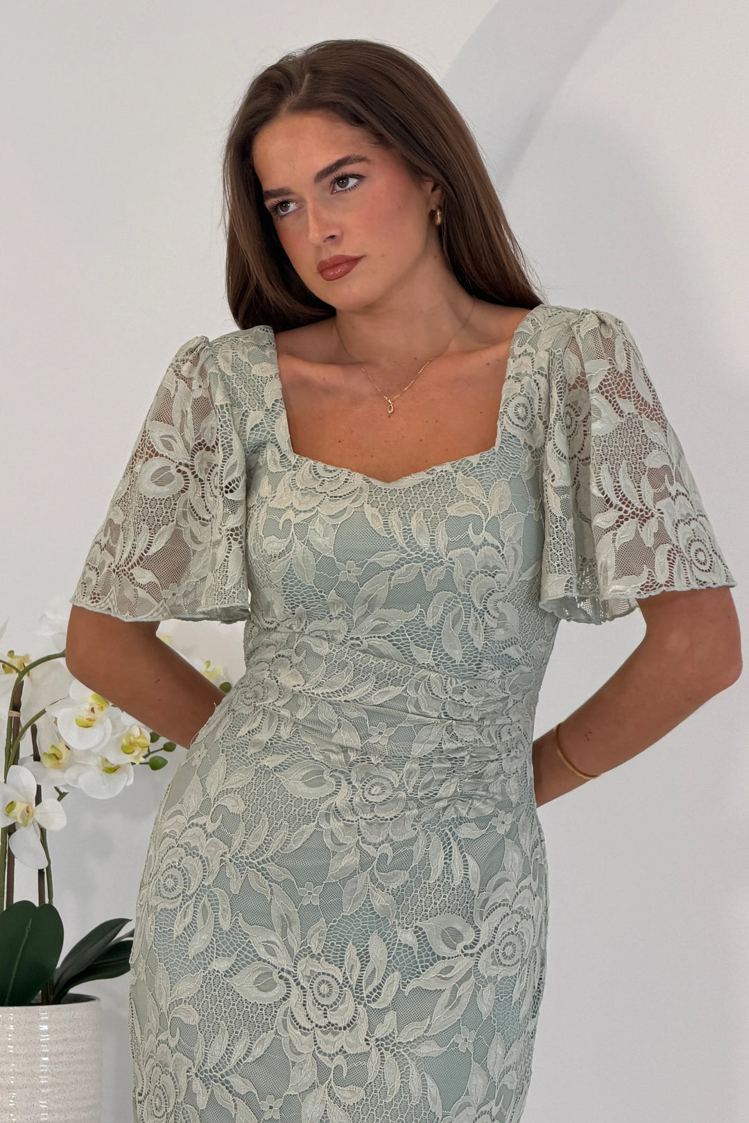 Heidi Sage Green Lace Ruched Short Sleeve Bodycon Midi Dress