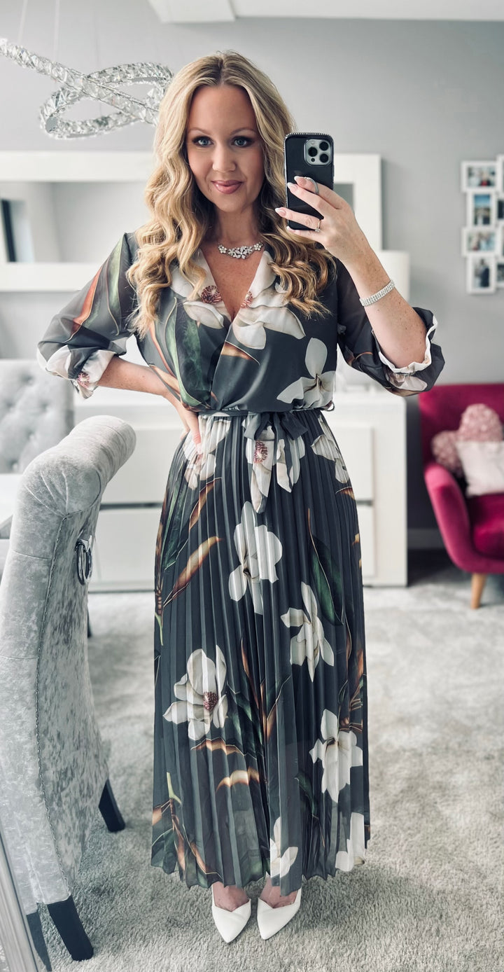 Elle Khaki Floral Chiffon Pleated Belted 3/4 Length Sleeve Maxi Dress - 2 LENGTHS (PRE-ORDER)