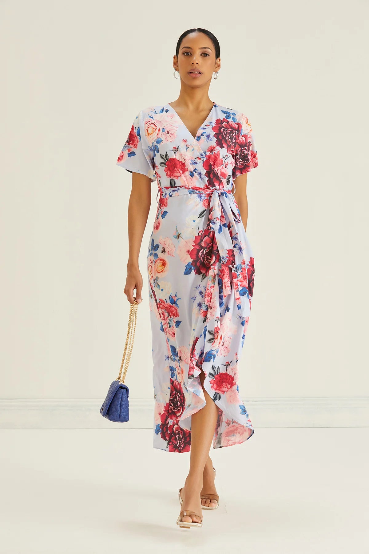 Flirtatious Short Sleeve Belted Light Blue Floral Midi/Maxi Wrap Dress ...