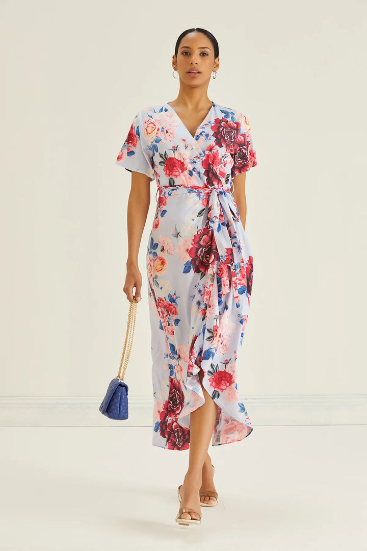 Flirtatious Short Sleeve Belted Light Blue Floral Midi/Maxi Wrap Dress