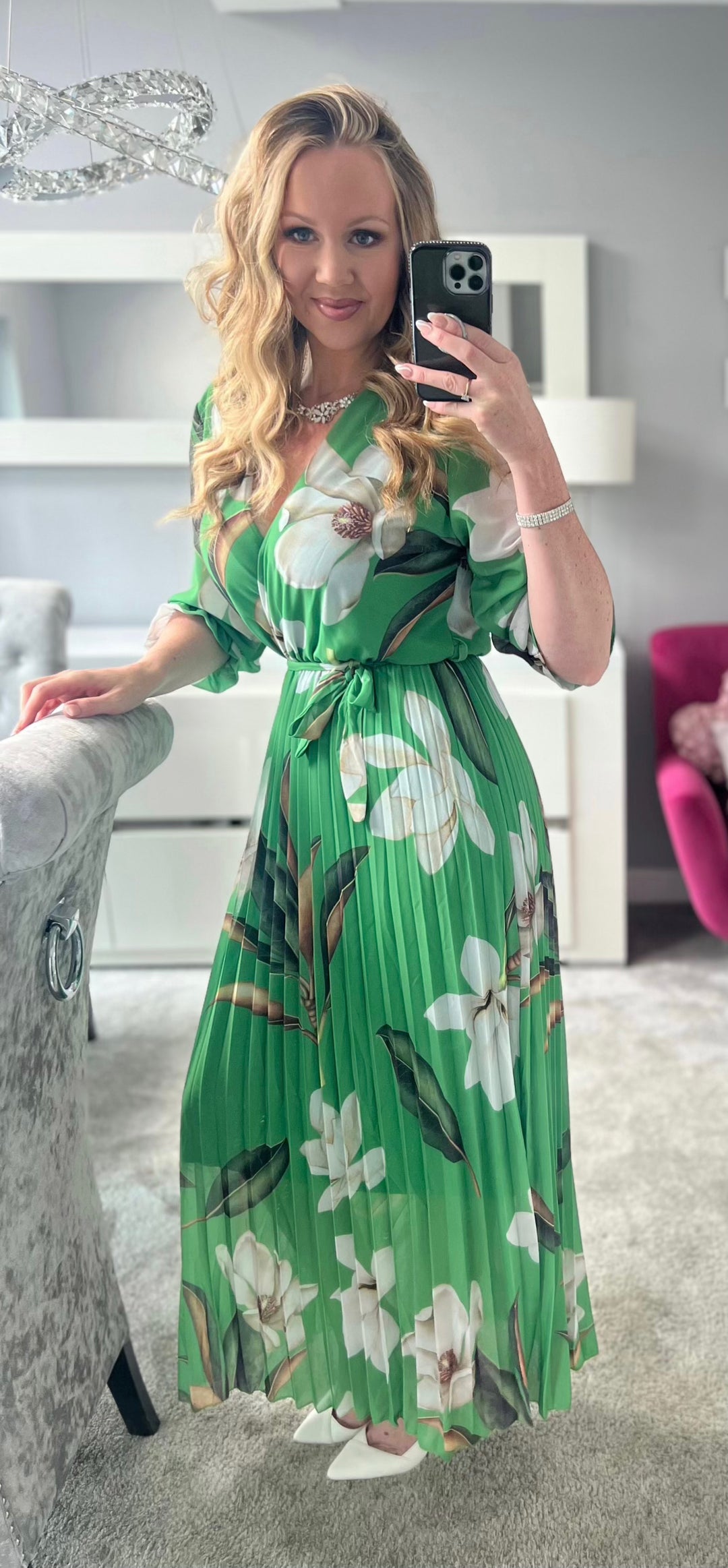 Elle Bright Green Floral Chiffon Pleated Belted 3 4 Length Sleeve Maxi Dress