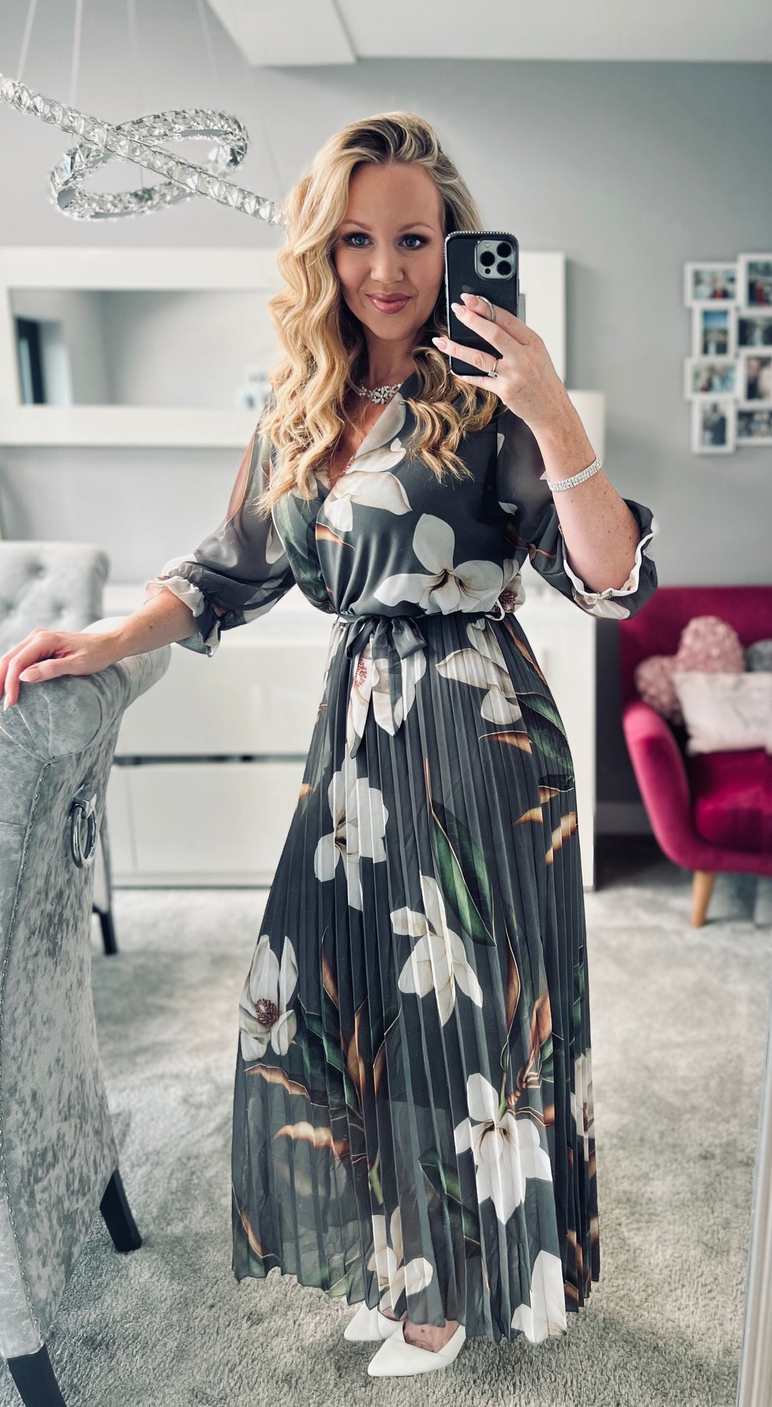 Pleated floral chiffon maxi dress Clearance