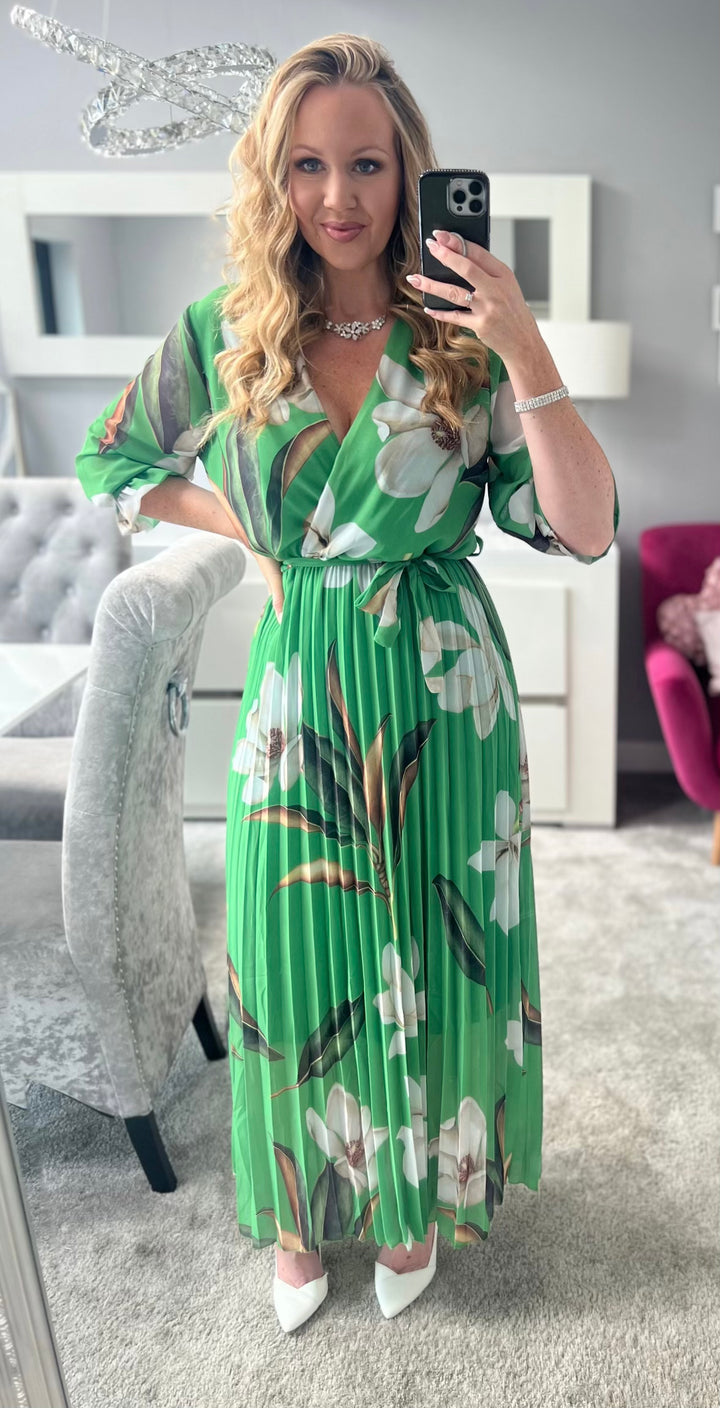 Elle Bright Green Floral Chiffon Pleated Belted 3/4 Length Sleeve Maxi Dress