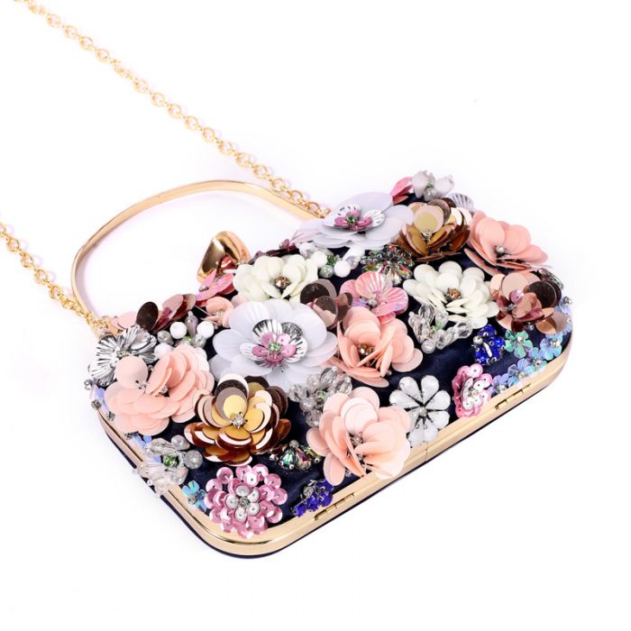 Rio Premium Navy 3D Floral Embellished Clutch Box Bag