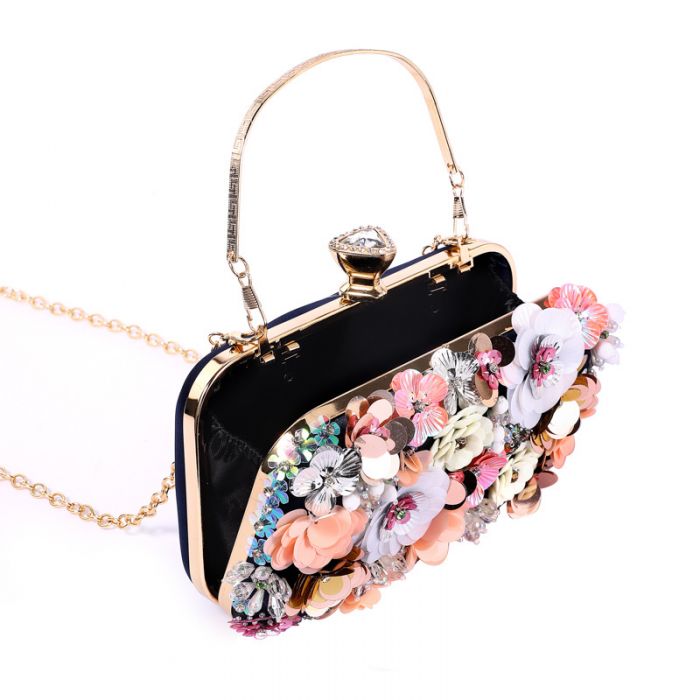 Rio Black 3D Floral Embellished Clutch Box Bag