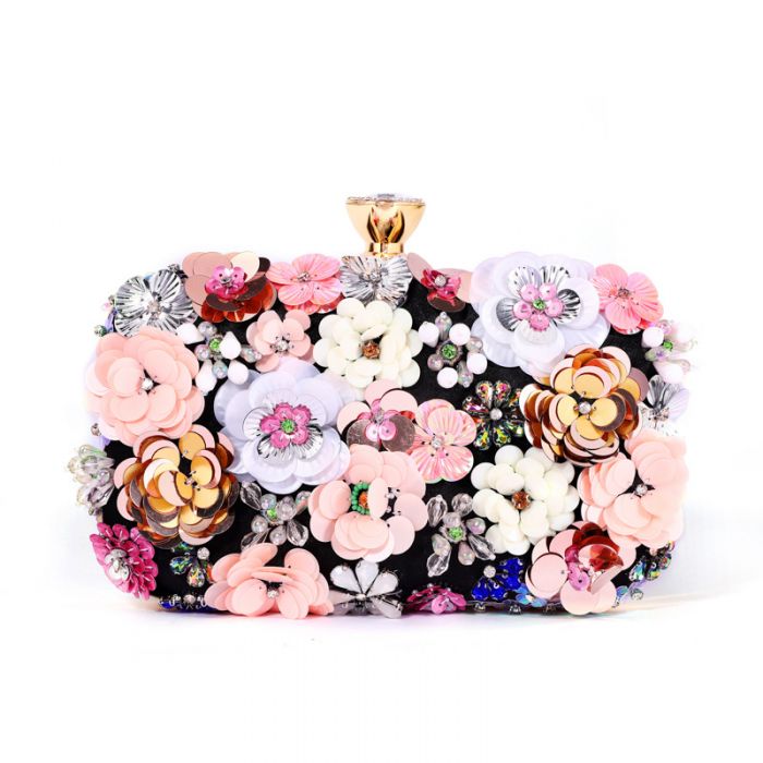 Rio Black 3D Floral Embellished Clutch Box Bag