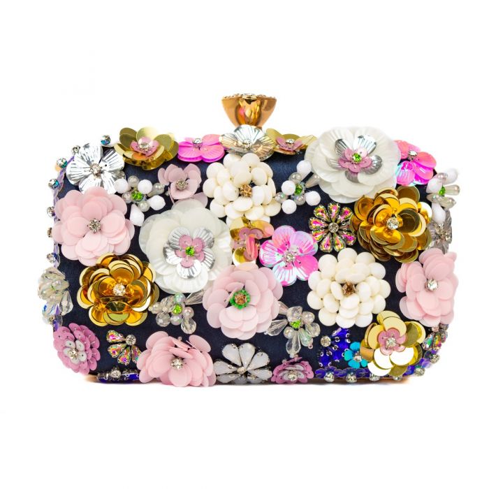 Rio Premium Navy 3D Floral Embellished Clutch Box Bag