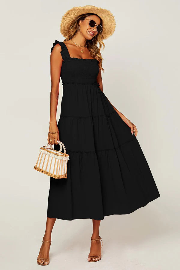 India Black Shirred Detail Tiered Midaxi Dress