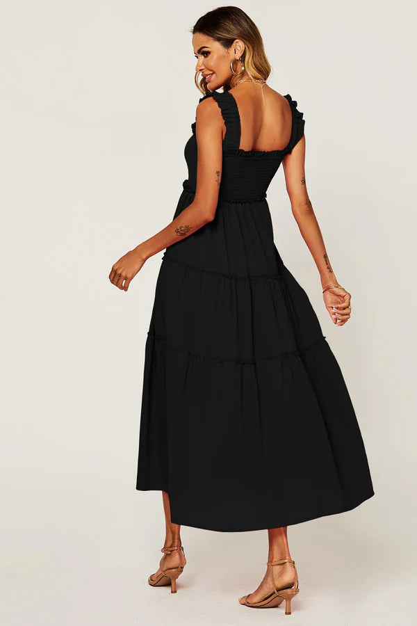 India Black Shirred Detail Tiered Midaxi Dress