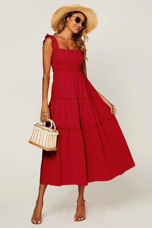 India Red Shirred Detail Tiered Midaxi Dress