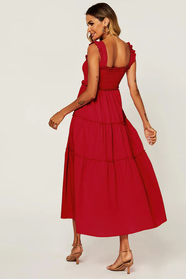 India Red Shirred Detail Tiered Midaxi Dress