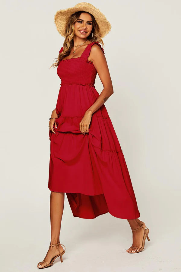 India Red Shirred Detail Tiered Midaxi Dress