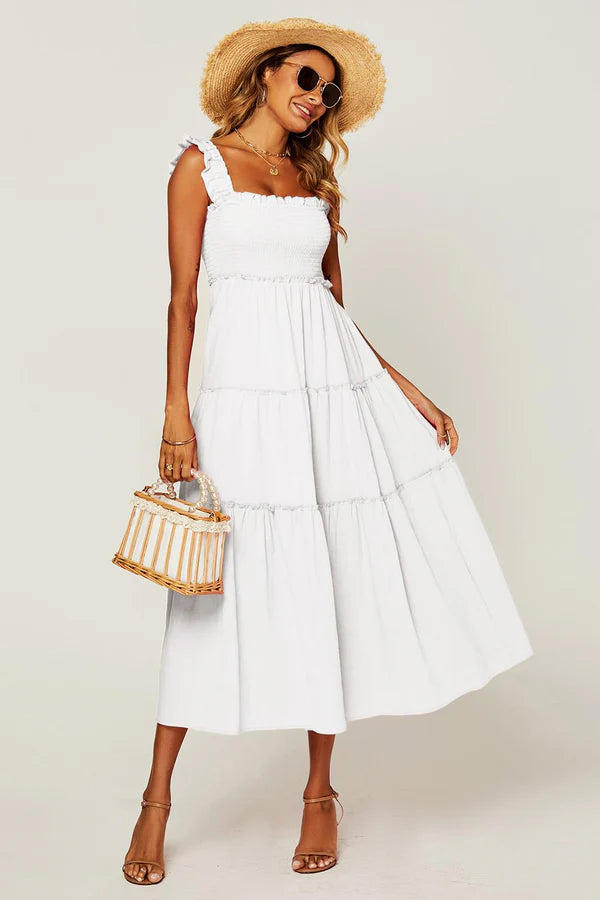 India White Shirred Detail Tiered Midaxi Dress